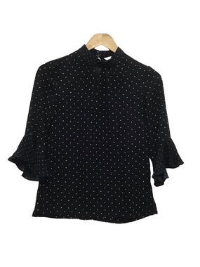 2/40$ H & M crepe blouse tulip sleeves polka dots navy blue white size 2